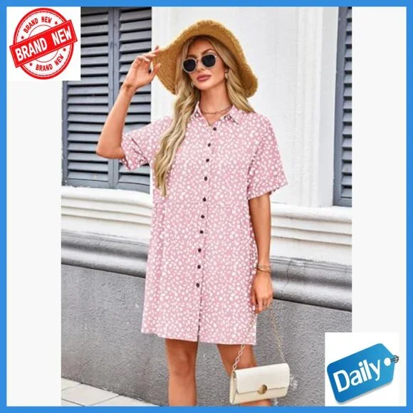 Summer Babydoll Dress Short Sleeve Button Down with Pockets Casual Sundress - Picture 5 of 7